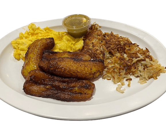 A plate of food with rice, beans and fried plantains.